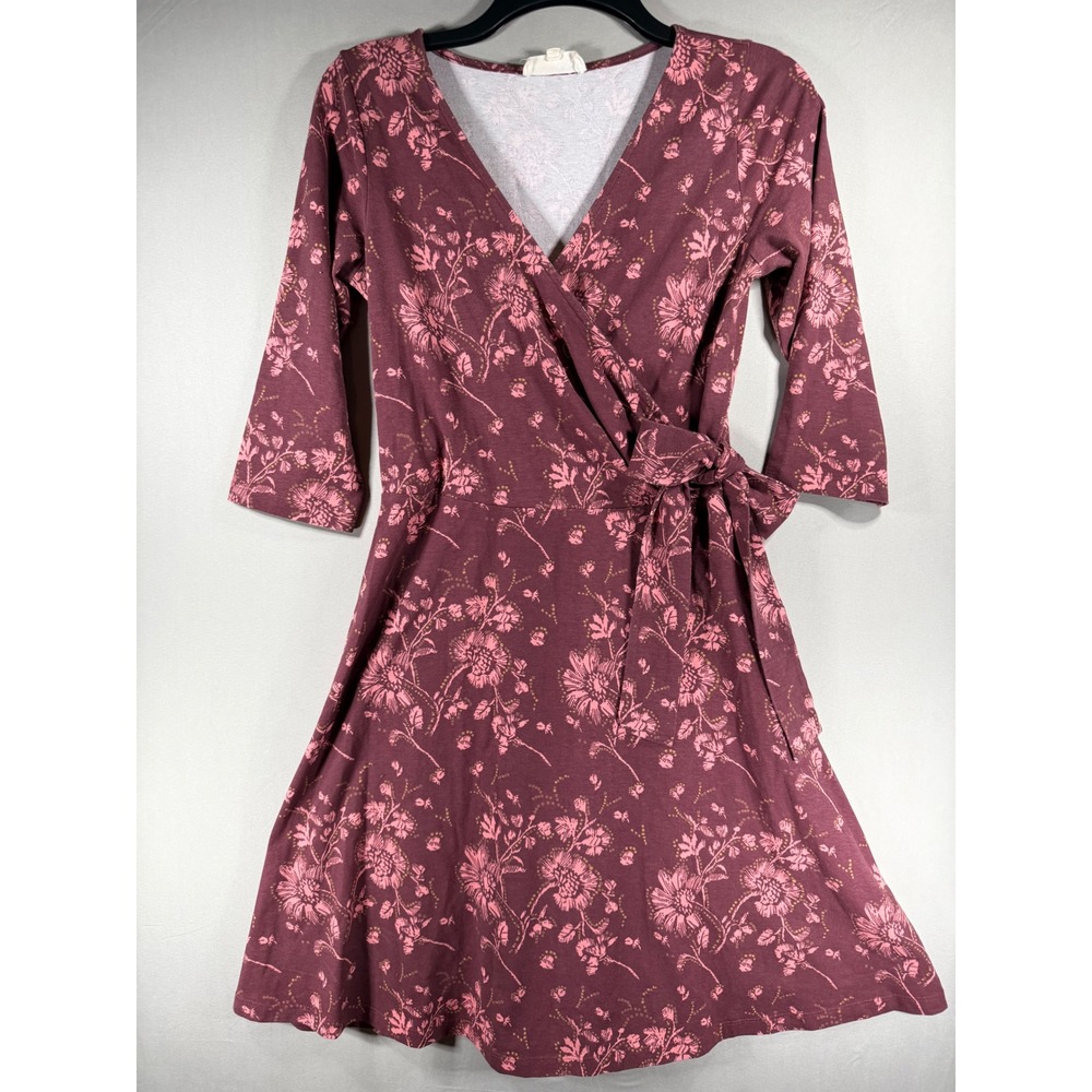 Synergy Organic Clothing Burgundy Floral Faux Wrap Dress 3/4 Sleeve Small
